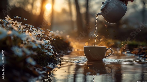 Mindful Living Everyday scenes captured mindfully such as a cup of tea being poured or a person enjoying a leisurely walk in nature inspiring viewers to embrace mindfulness in daily life photo