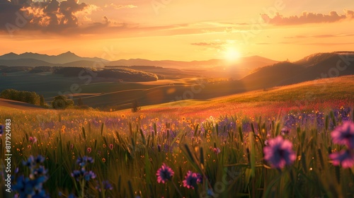 Craft an image of a colorful sunset over rolling hills, with golden light illuminating fields of wheat and wildflowers © Saima