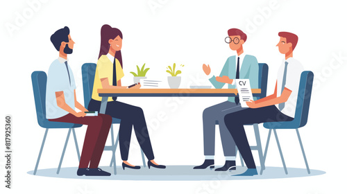 Friendly men and women sitting at table holding CV an