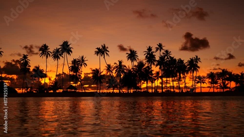 Sunset behind tropical island palm tree silhouettes