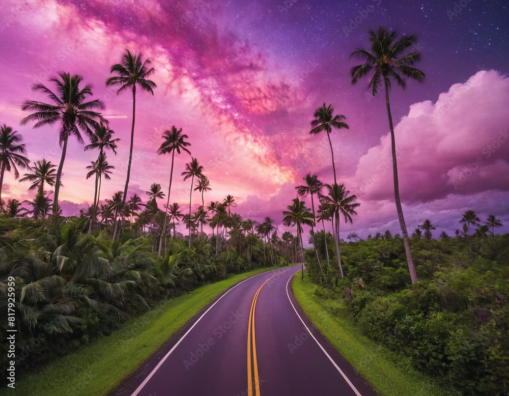 Palm-Lined Dream Drive: A vibrant sky hangs over a scenic road.