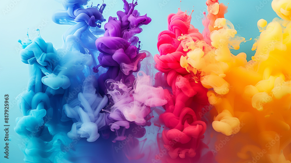Obraz premium Color ink water rainbow background blend abstract cloud paint swirl burst. Colorful ink abstract: rainbow swirls in a burst of artistic energy. Pigment liquid chemical science.