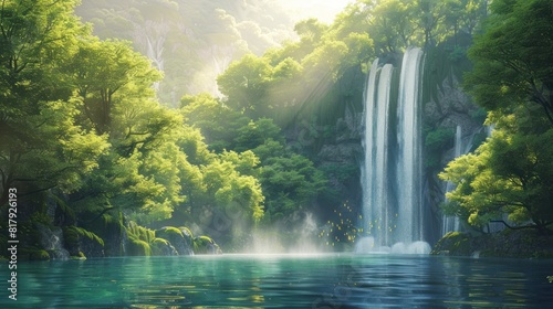 Lush Green Forest Waterfall Oasis A Peaceful Realism Watercolor Masterpiece