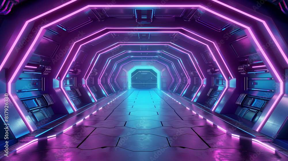 Bright Modern Futuristic Alien Reflective Concrete Corridor Tunnel Empty Room With Purple And Blue Neon Glowing Lights Hexagon Floor Background 3D Rendering.