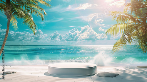  Summer podium background 3D product display beach cosmetic scene sale. Background summer podium sea stand stage beauty sky platform shop water placement theme ad template mockup travel blue banner.