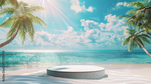 Summer podium background 3D product display beach cosmetic scene sale. Background summer podium sea stand stage beauty sky platform shop water placement theme ad template mockup travel blue banner.