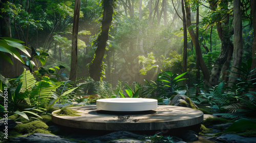 Podium background product green nature 3D forest stand white plant. Cosmetic background product podium display wood jungle studio garden beauty platform presentation mockup pedestal stone tropical.