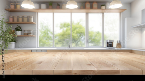 Modern kitchen  wooden desk against window background. Minimalist interior with wooden counter.