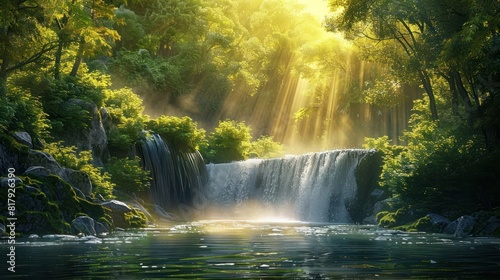 Lush Green Forest Waterfall A Tranquil Haven in Vibrant Watercolor Realism