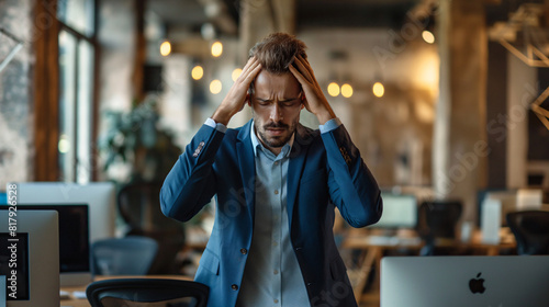 Lay off concept. Staff reductions. Stressed man overwork at office. Fired man in the office. Work under pressure