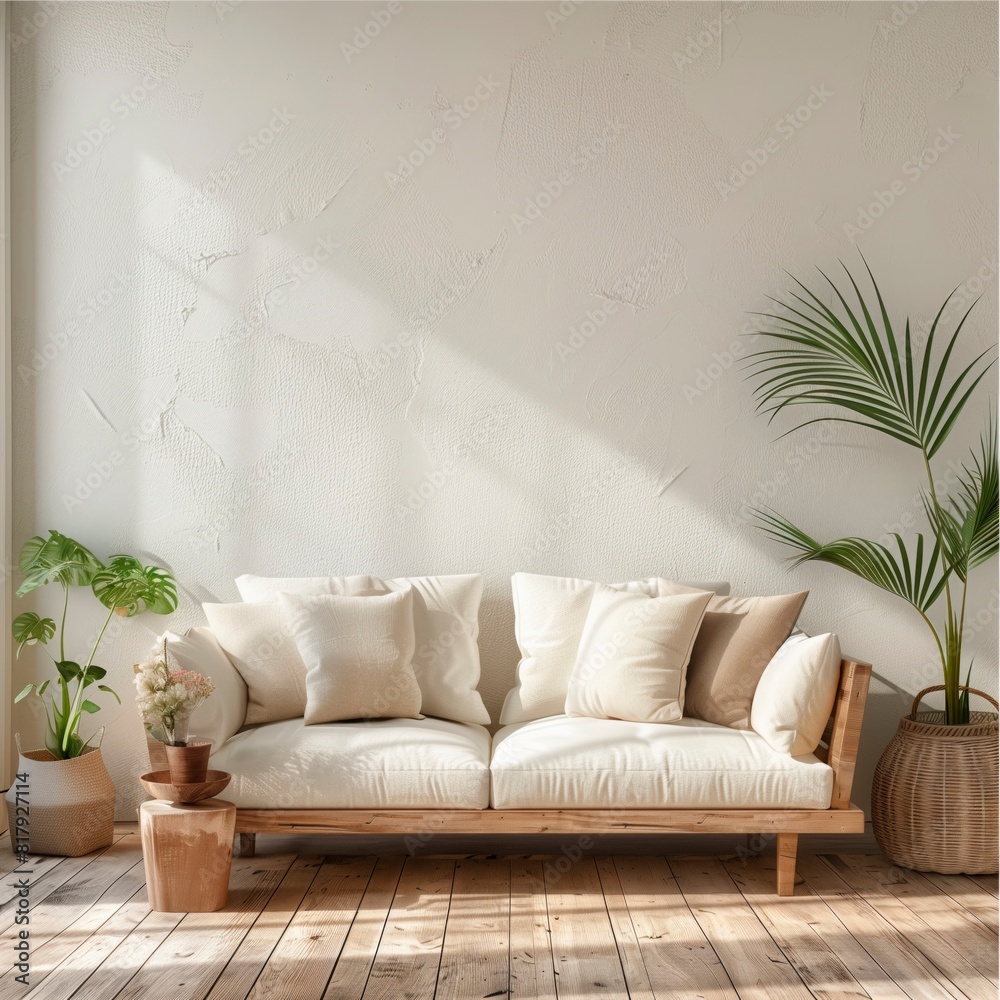 Fototapeta premium Living room mockup. Beige sofa. Wooden floor. Some plants next to it