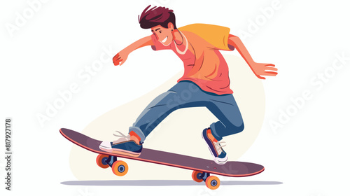 Modern skateboarder pushing with foot and riding skat