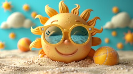 sun beach scene, summer clipart design for kids featuring a sunny character with sunglasses and a beach ball on a sandy beach