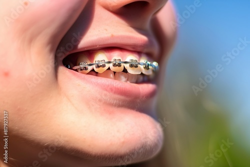 Close-up of a person     s smile showing metal braces on their teeth  captured in bright natural light and a blurred background.