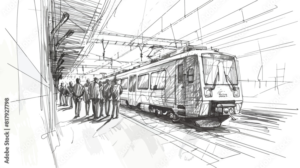Monochrome horizontal sketch with people passengers white