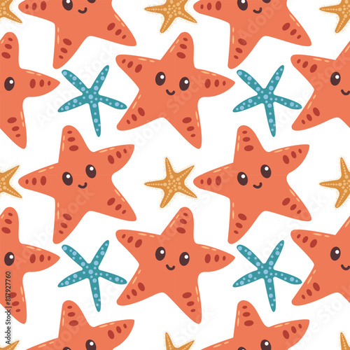 Starfish coral color sea star vector seamless pattern. Caribbean underwater animal. Starfish echinoderms invertebrate wildlife creature. Aquatic animal. Cute character cartoon flat style. photo