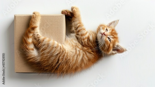 Top view ginger kitten playing with cardoard box isolated over white background photo