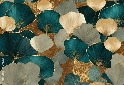 Gold & Teal Ginkgo leaves background - AI generated 
