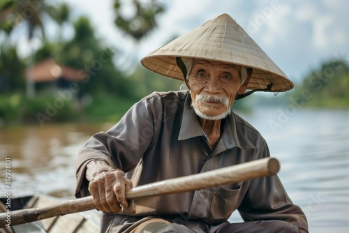 Elderly man in traditional conical hat rowing a boat on a calm river surrounded by greenery.