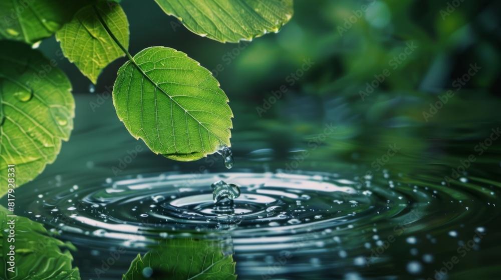 Leaf of a plant touches the water and forms round branches, dark green background