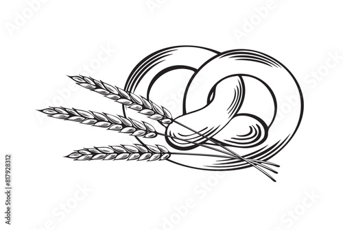 Pretsel and Wheat ears. Bakery goods octoberfest, german bread. Vector flat illustration linear, isolated. Sereals for flour production.Template for wrapping, cookbook, menu, showcase, app, website.