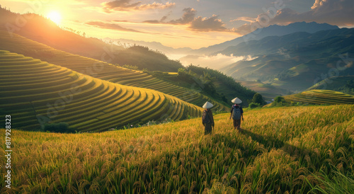 two Asian farmers walking through the terraced rice fields in Vietnam, carrying their traditional backpacks and holding determined expressions as they till the green paddy field under warm sunlight photo
