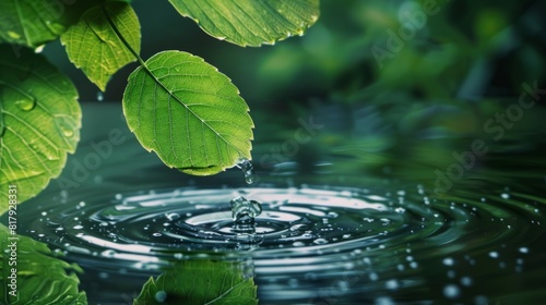 Leaf of a plant touches the water and forms round branches  dark green background