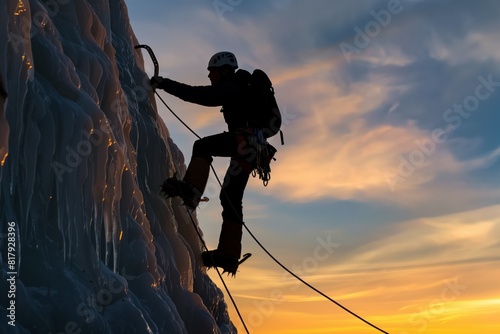 Silhouette of a climber scaling an ice wall at sunset, wielding an ice axe and using ropes for safety.