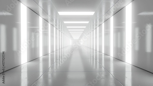 A long, empty hallway with white walls and a white ceiling. The hallway is lit by a series of lights, creating a bright and sterile atmosphere