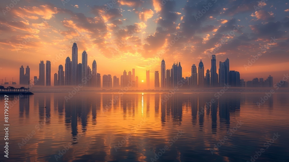 Cityscape at Dawn: A stunning panoramic view of a modern city skyline as the sun rises, illuminating the skyscrapers with a golden hue. The early morning light casts long shadows, creating a dramatic Cityscape at Dawn: A stunning panoramic view of a modern city skyline as the sun rises, illuminating the skyscrapers with a golden hue. The early morning light casts long shadows, creating a dramatic