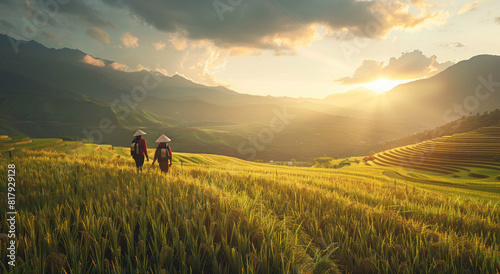 two Asian farmers walking through the terraced rice fields in Vietnam, carrying their traditional backpacks and holding determined expressions as they till the green paddy field under warm sunlight photo