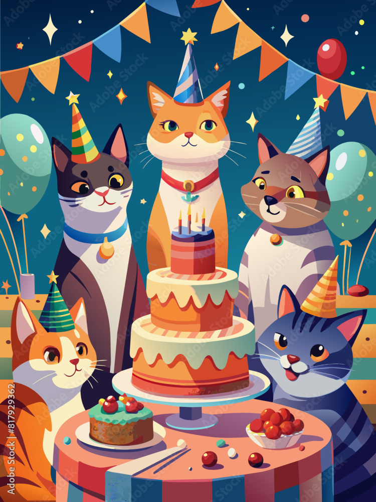 Naklejka premium Colorful Celebration: Cats Enjoying a Festive Birthday Party