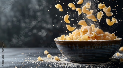 A black setting  depicts white flour and an array of conchiglie pasta being thrown into the elements of unseasoned bowl pasta and space  Generative AI.