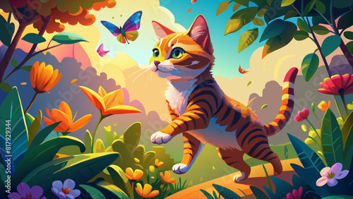 Enchanted Forest Adventure: Playful Cat Amidst Vibrant Flora
