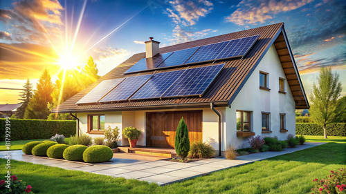 Modern House with Solar Panels at Sunset