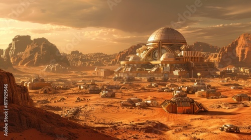 Futuristic Martian Landscape A Desolate yet Advanced Domed Habitat and Rover on the Red Planet
