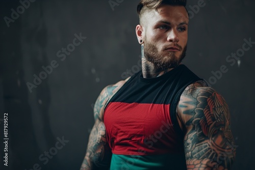 A man with tattoos strikes a pose in front of a painted wall  showcasing his body art