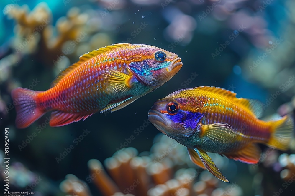 Fototapeta premium Wrasse fish cleaning parasites off larger marine creatures, showcasing symbiosis. 