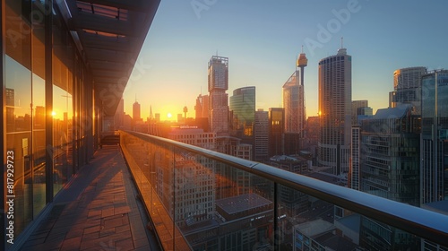 Cityscape at Dawn: A stunning panoramic view of a modern city skyline as the sun rises, illuminating the skyscrapers with a golden hue. The early morning light casts long shadows, creating a dramatic 