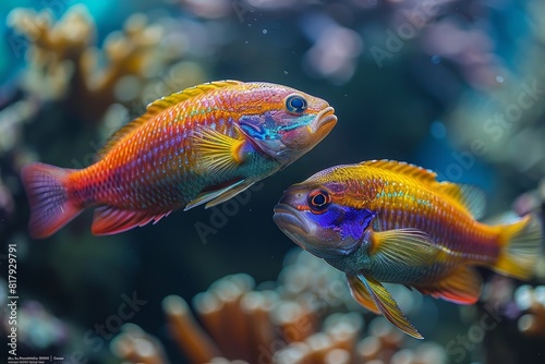 Wrasse fish cleaning parasites off larger marine creatures  showcasing symbiosis. 