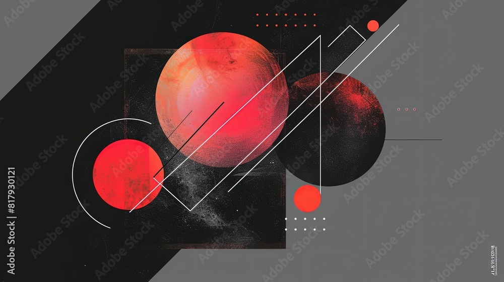 Obraz premium creative red black geometric shape triangle circle and line with print grungy texture, minimal modern trend design elements color on black abstract background, banner , flyers design, Generative Ai