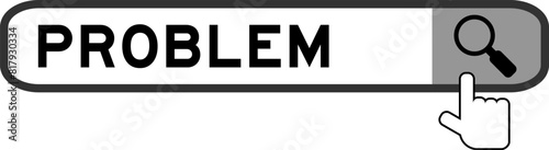 Search banner in word problem with hand over magnifier icon on white background