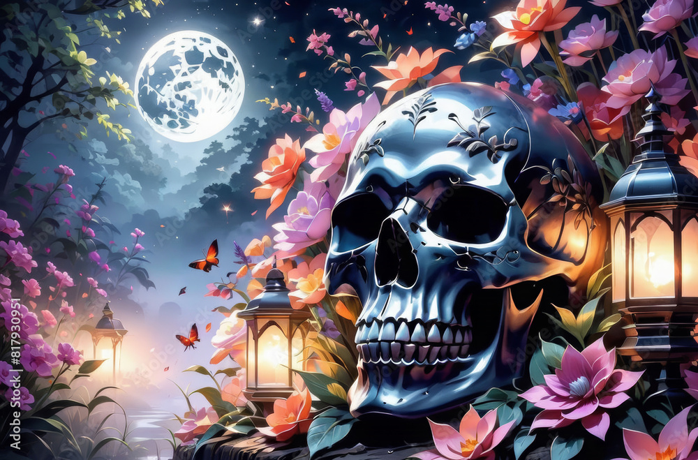 A gloomy night with a big moon, a skull and flowers.