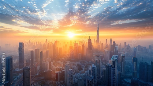 Cityscape at Dawn: A stunning panoramic view of a modern city skyline as the sun rises, illuminating the skyscrapers with a golden hue. The early morning light casts long shadows, creating a dramatic 