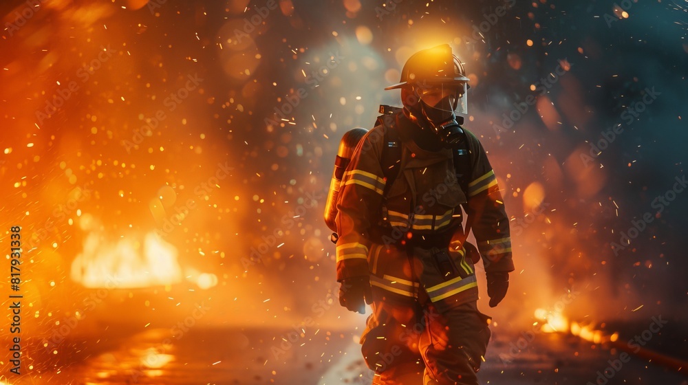 Fototapeta premium Firefighter Responding to a Fire: A firefighter races to the scene of a fire, sirens blaring and lights flashing, ready to combat the flames and ensure the safety of those in danger 
