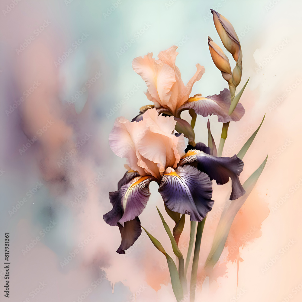 stunning Digital art with soft pink-purple iris flowers against abstract pale watercolor azure-pink background. Ai generated