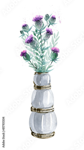 Porcelain vase with summer thistle flowers on a white background. Watercolor illustration, pink wildflowers in a vase