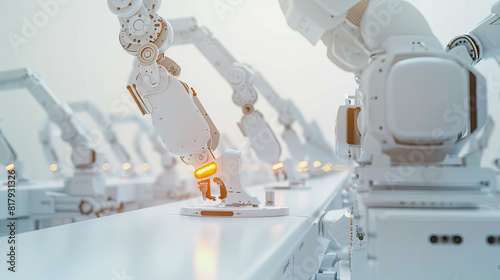 Abstract 3D futuristic innovation white robot arm production in factory.