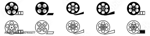 Film reel icon set. Black movie reel icon in vintage style. Old retro reel with film strip collection. Vector illustration