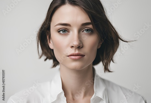 Mujer de cabello corto y ojos azules frente de un fondo de color blanco photo